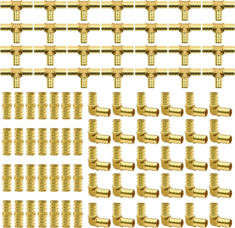 Ruby Q 90pcs 1/2" PEX Fittings, Elbow TEE Straight Couplings Set, PEX Brass Crimp Fitting Combo with Tees, Elbows, Straights - Image 1